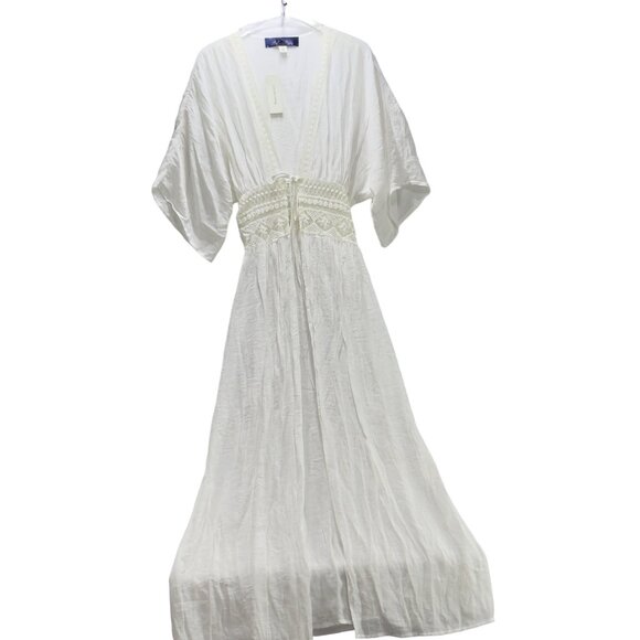 BLUE RAIN Women's Swimsuit Cover Ivory Dolan Sleeve Tie Crochet Waist Size XS - Picture 7 of 11